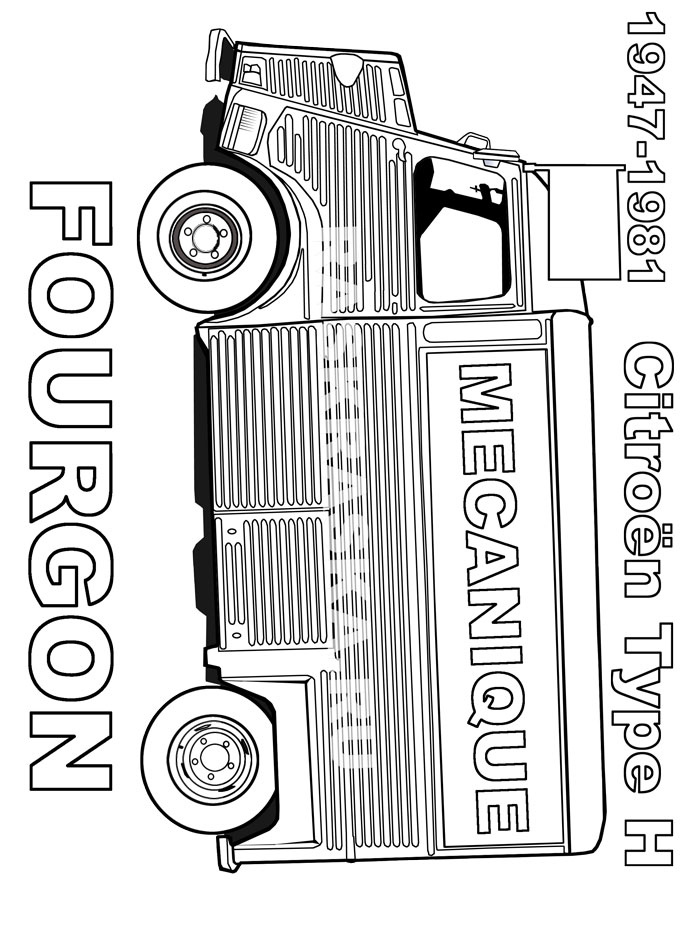 контурный рисунок механической мастерской на базе фургона Citroen H с французской подписью mecanique