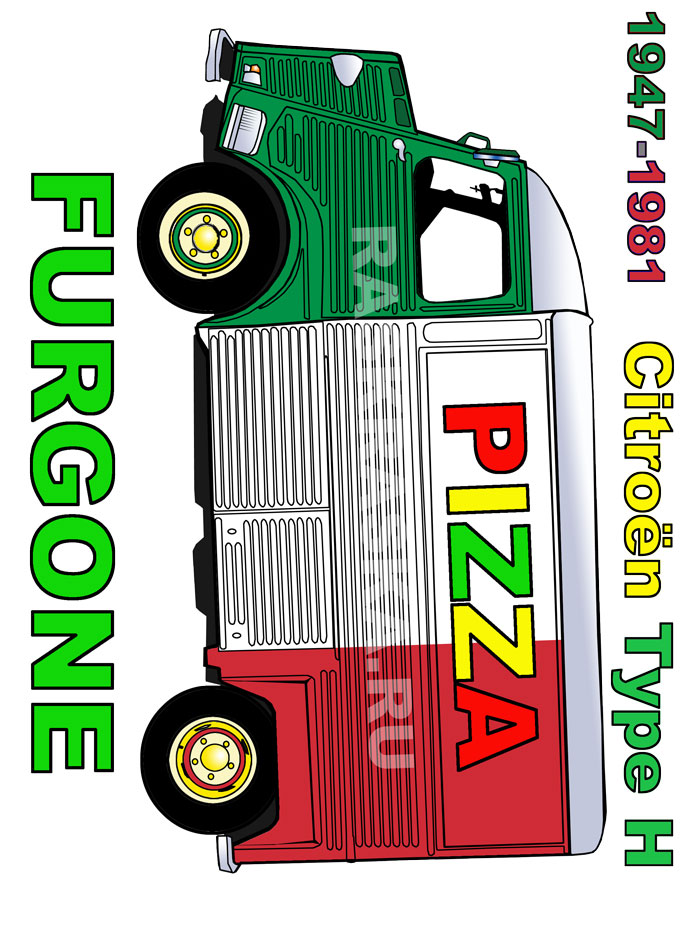 цветная картинка пиццавоза на базе фургона Citroen H с итальянской подписью pizza