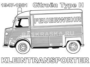 контурный рисунок пожарного фургона Citroen HY с подписью на немецком языке для распечатки