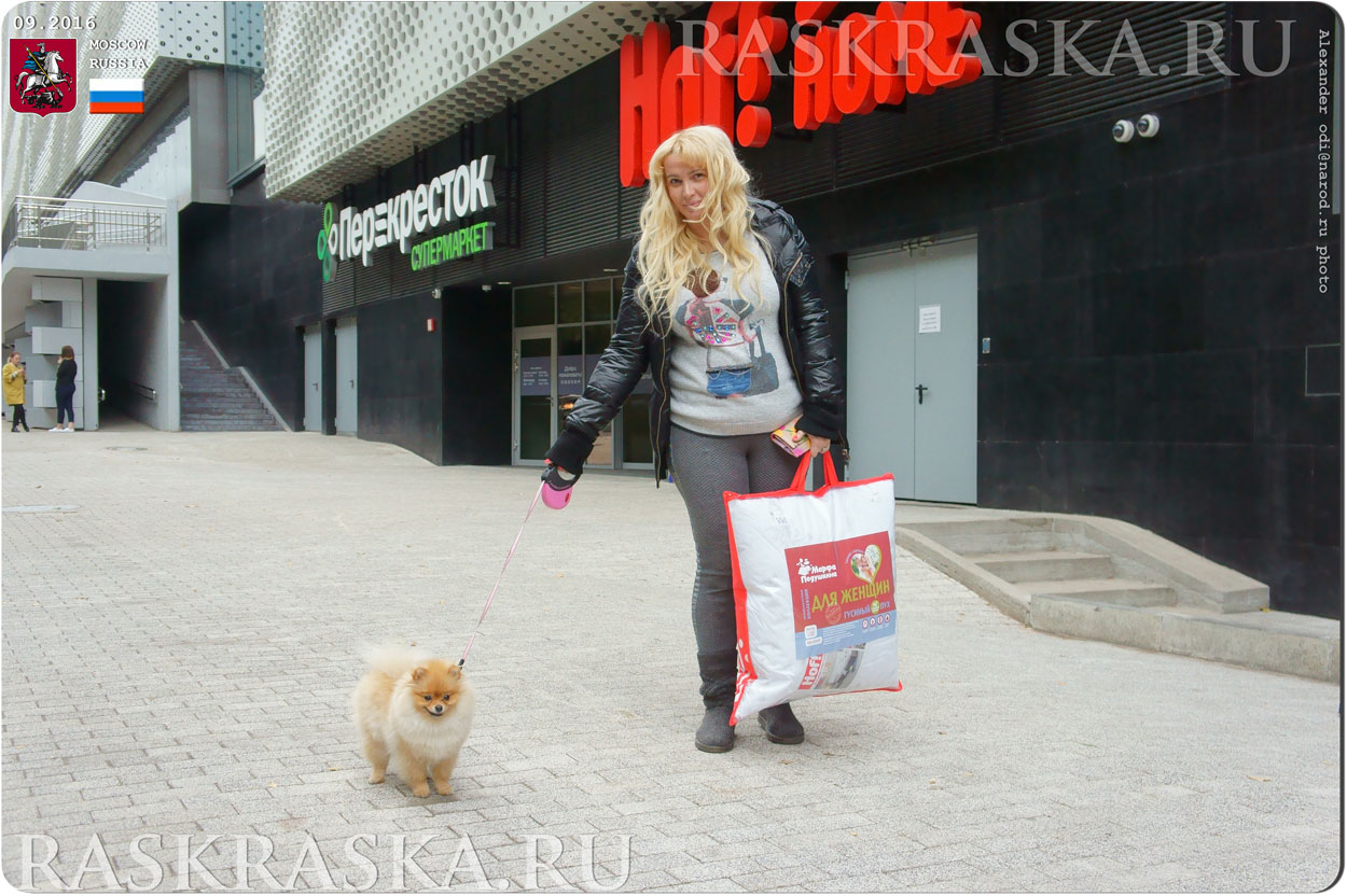 russian blonde woman with her pomeranian dog